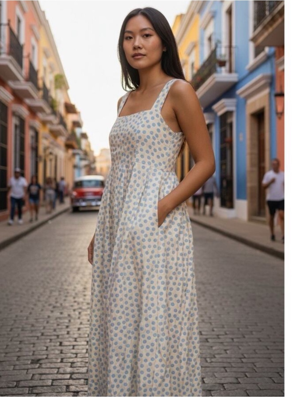 Hatch The Alice Dress Polka Dot Small Pockets Blue and Yellow Like New